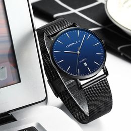 Montre-bracelets Crrju Men Watch Watch Fashion Luxury en acier inoxydable Mesh ultra mince avec horloge de rendez-vous imperméable à quartz bleu sportif décontracté