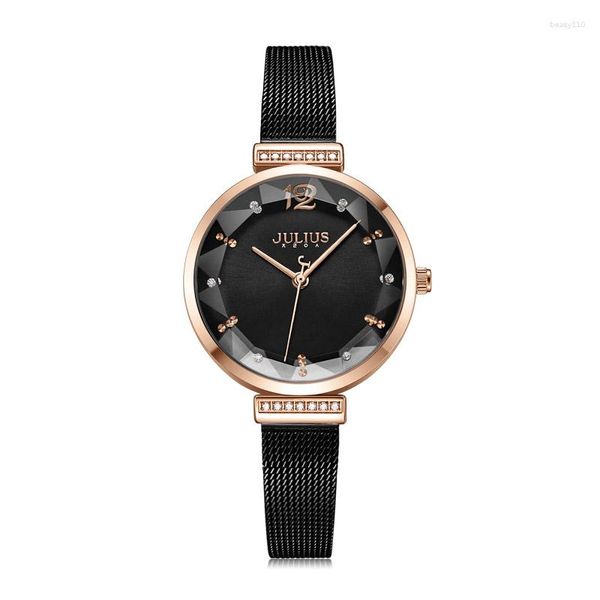 Relojes de pulsera Reloj de mujer con corte de cristal Japón Mov't Lady Hours Moda fina Pulsera de acero inoxidable Reloj Regalo lindo para niña Julius Box