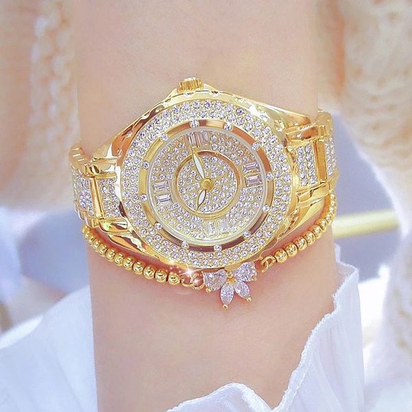 Montres-bracelets Montres de diamant en cristal pour femmes Gold Original élégant dames montre avec bracelet ensemble cadeau en or rose pour petite amie femme 231025