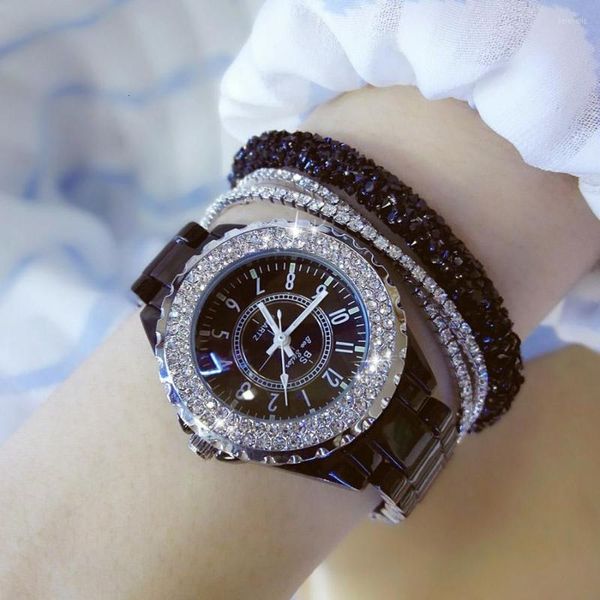 Relojes de pulsera de cristal para mujer, reloj de cuarzo para mujer, reloj de pulsera de diamantes de marca para mujer, reloj de cerámica de imitación clásico con diamantes de imitación