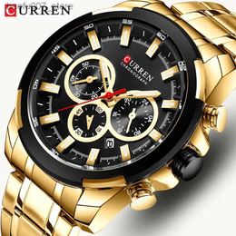 Montre-bracelets Curren Mens Top Brand Sports Luxury Mens Military Steel Quartz Watch with Timing Gold Design Mens Watch