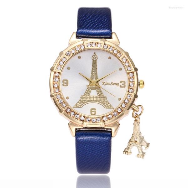 Relojes de pulsera Relojes de cuarzo personalizados para mujer Moda París Torre Eiffel Mujeres Pulsera de diamantes de imitación de cuero sintético OEM