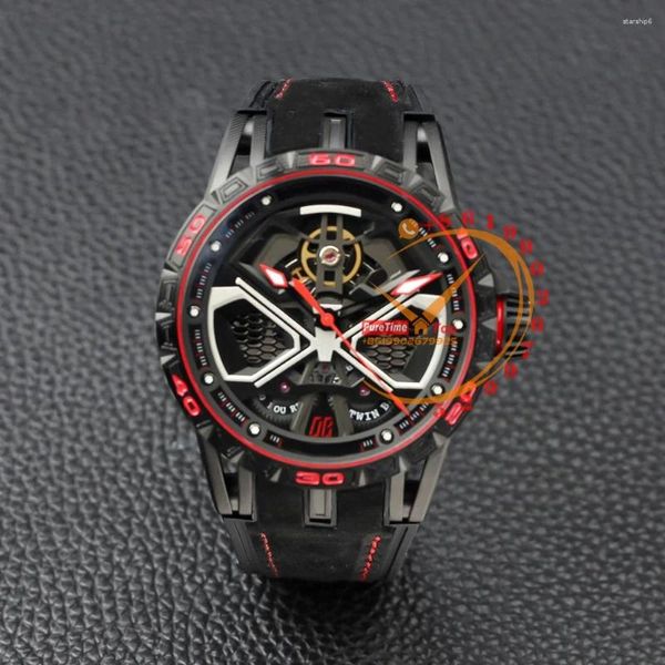 Relojes de pulsera DBEX0784 Tourbillon Reloj automático para hombre DLC Todo negro Esqueleto rojo Dial Cuero Caucho Puretime 2023