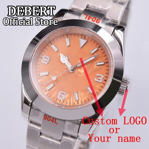 Relojes de pulsera DEBERT Naranja Estéril Dial NH35a Movimiento automático Logotipo personalizado Reloj Cristal de zafiro Luminoso Caja de 36 mm / 39 mm Relojes