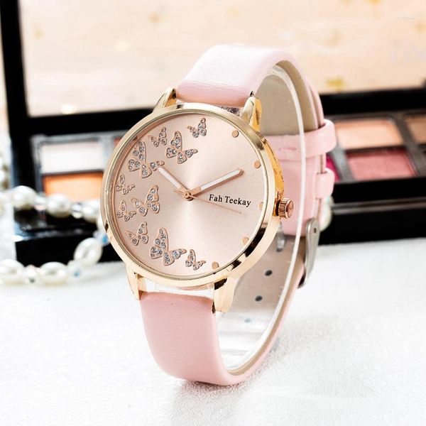 Montres-bracelets diamant papillon tempérament femmes luxe or Rose cadran bracelet en cuir montre Simple dames robe montres à Quartz