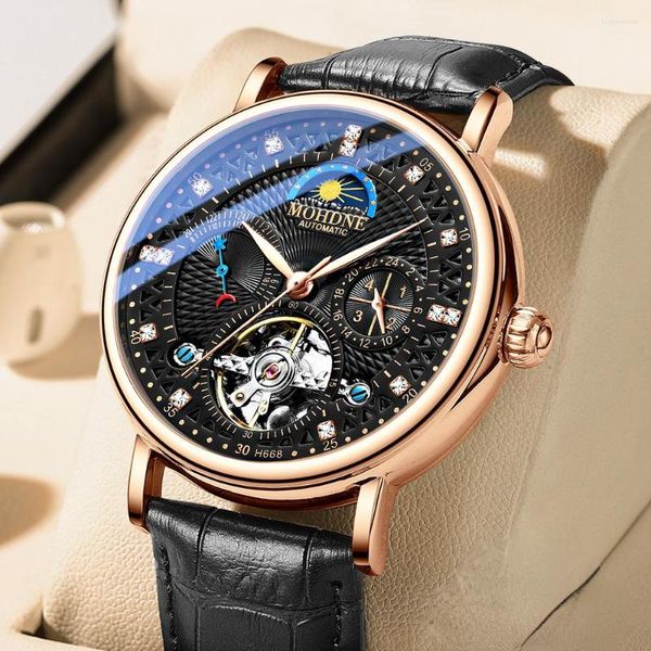 Relojes de pulsera Diamond Shine Relojes de cuero de lujo Reloj mecánico para hombres Tourbillon completamente automático Hollow Reloj de pulsera de negocios a prueba de agua