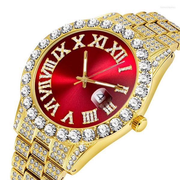 Relojes de pulsera Reloj de diamantes para hombres Top Full Iced Out Green Dial Hip Hop Reloj de cuarzo Reloj de pulsera Regalo Relogio Masculino