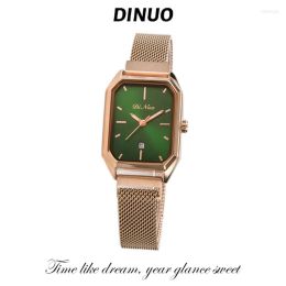 Polshorloges dinuo_ dames handvorm kalender kleine groen horloge ins windlicht luxe retro vierkante schijf variëteit van horlogeband