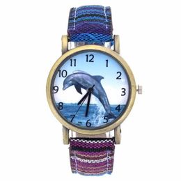 Polshorloges dolfijnpatroon oceaan aquarium vissen mode casual heren vrouwen canvas doek riem sport analoge kwarts horloge 206Z