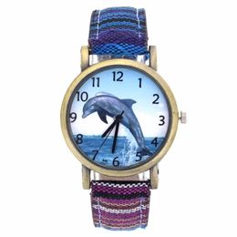 Polshorloges dolfijnpatroon oceaan aquarium vis fashion casual heren vrouwen canvas stoffen riem sport analoge kwarts horloge 265a