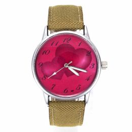 Polshorloges dubbele liefde hart vorm patroon dames horloges mode sieraden geschenk kleurrijk canvas band kwarts pols horloge voor vrouwelijke mannen