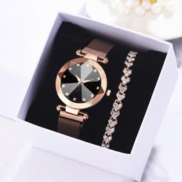 Relojes de pulsera Drop 2pcs Reloj Pulsera Set con caja Relojes de lujo para mujer Reloj de pulsera de diamante de moda con imán Reloj Mujer Relojes de pulsera