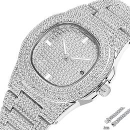 Polshorloges drop ijs-out bling diamant luxe horloge set voor mannen hiphop cubaanse ketting ijskoud kwarts horloges gouden relogio masculino