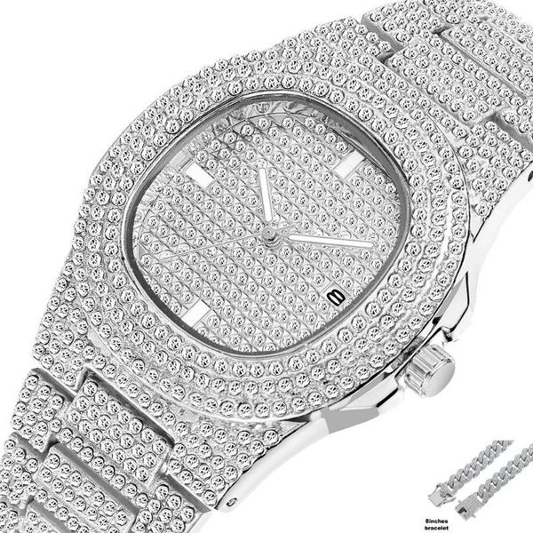 Montres-bracelets Drop ICE-Out Bling Diamond Ensemble de montres de luxe pour hommes Chaîne cubaine Hip Hop Iced Out Montres à quartz Or Relogio Masculino