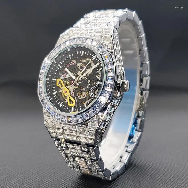 Relojes de pulsera Drop Men's Diamond Mechaincal Watch Hip Hop Full Rectangular Gemstone Relojes automáticos para hombres Luxury Iced Out Reloj