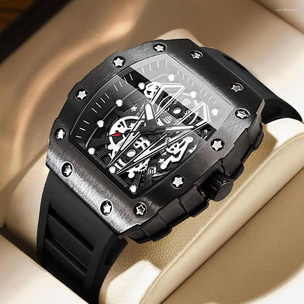 Montre-bracelets Drop Mens Sports Quartz Watchs Silicone Watchband Toneau Shape Luminal Clock Male Hour Coudure Out Relogio Masculino