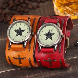 Polshorloges drop punk stijl mannen antieke ster dial pols horloges vintage echte lederen kwarts horloge relogio masculino