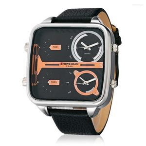 Relojes de pulsera Relojes militares de doble tiempo Hombres Muñeca de cuarzo Correa de cuero para hombre Caja grande cuadrada Deportes Relogio Masculino258A