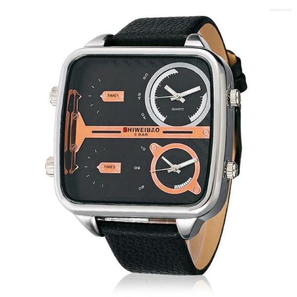 Relojes de pulsera Relojes militares de doble tiempo Hombres Muñeca de cuarzo Correa de cuero para hombre Caja grande cuadrada Deportes Relogio Masculino321S