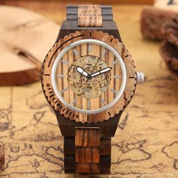 Polshorloges ebony houten mechanische horloges voor mannen volledige riem heren automatische wikkelende horloge holle beweging dial polshorloge klokklokkist