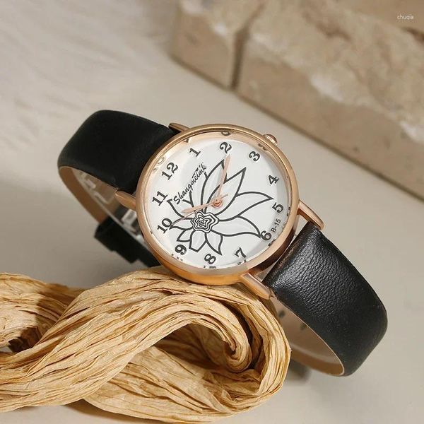 Relojes de pulsera elegantes y simples con diseño de flores, relojes con esfera para mujer, reloj de vestir de lujo a la moda, reloj informal de cuero de cuarzo para mujer