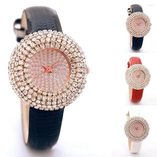 Relojes de pulsera elegantes para mujer, reloj de lujo con diamantes de imitación, esfera redonda, correa de piel sintética, pulsera de cuarzo para mujer