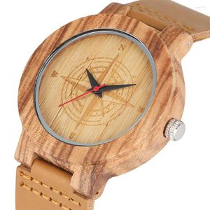 Polshorloges gegraveerd kompas display ronde wijzerplaat houten horloge heren echte lederen polshorloge bruine strepen houten horloges heren klok