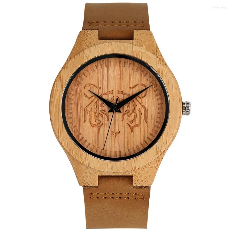 Wristwatches Engraved Tiger Dial Bamboo Wooden Quartz Men's Watch Brown Genuine Leather Band Natural Stylish Male Casual