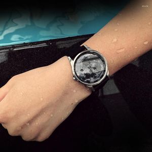 Polshorloges Enmex Design polshorloge canvas riem waterdichte creatieve roestvrijstalen kas 3d maan schets gezicht quartz sport horloge