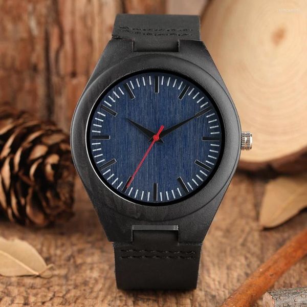 Montres-bracelets Est montre en bois d'ébène pour homme Unique cadran bleu marine naturel fait à la main hommes noir en cuir véritable horloge heure Reloj Para Hombre