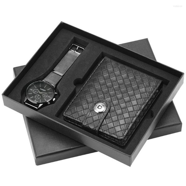 Relojes de pulsera Conjunto de regalo exquisito para hombres Correa de acero inoxidable Reloj de pulsera de cuarzo Cartera de cuero Novio Papá