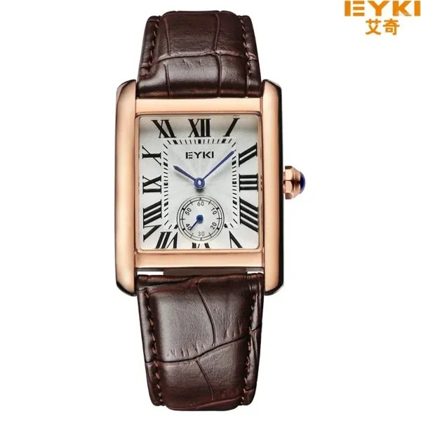 Relojes de pulsera Eyki Correa de cuero genuino Relojes de pareja Escala romana formal Rectángulo Dial Reloj de cuarzo Damas Deporte para hombres