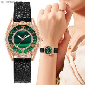 Montre-bracelets mode 2023 marques dames es luxe avec diamants Rome Emerald Green Pointer Design Quartz Black Leather Gift Corloge 240409