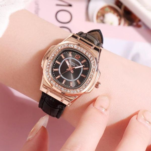 Relojes de pulsera de moda 2023, relojes de vestir con correa de cuero para mujer, reloj de pulsera negro con diamantes de imitación, reloj femenino Zegarki