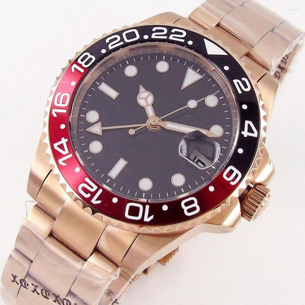 Relojes de pulsera Moda 40 mm Caja de reloj de oro rosa Cristal de zafiro GMT Automático Inserto de aluminio para hombres Bisel Banda de ostras