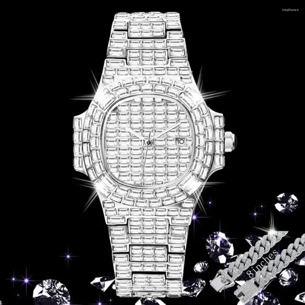 Montre-bracelets mode 40 mm Watch for Men Hip Hop Baguette Diamond Mens Watchs Iced Out Luxury Quartz Wristwatch Homme Bracelet Crystal Bracelet