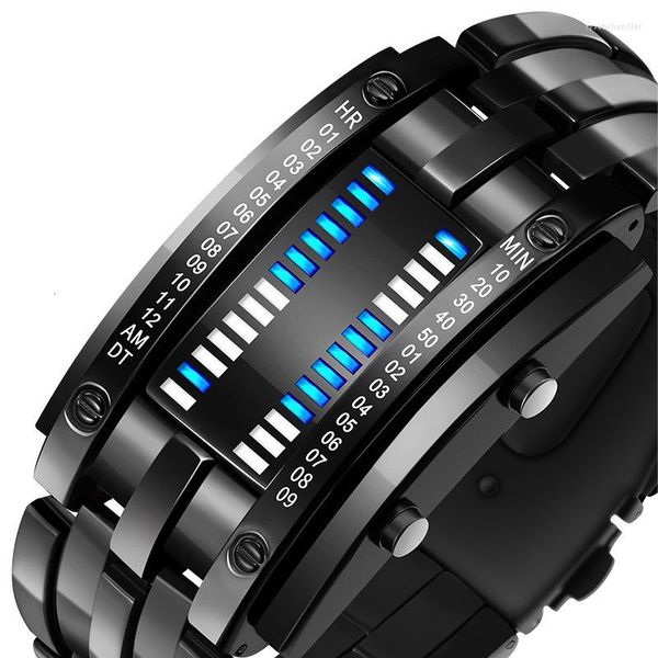 Montres-bracelets Mode Noir Full Metal Étudiant Montre-Bracelet Hommes Bleu LED Affichage Hommes Montres Étanches Cadeaux Pour Homme Garçon Sport Horloge