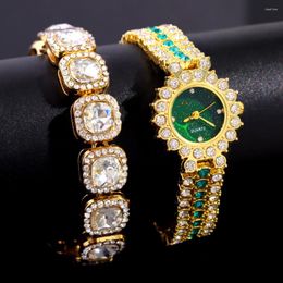 Polshorloges Fashion Bling Crystal Small Ladies horloges voor vrouw met ijskoude verharde strass tennisketen Bracelet ketting set sieraden