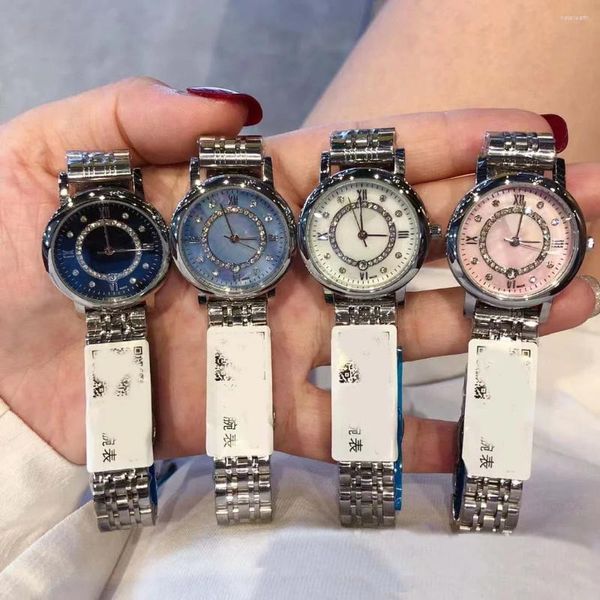 Relojes de pulsera Marca de moda Correa de reloj de acero Reloj de concha con fecha automática Diamante con incrustaciones de circonita Reloj de pulsera de cuarzo para mujer