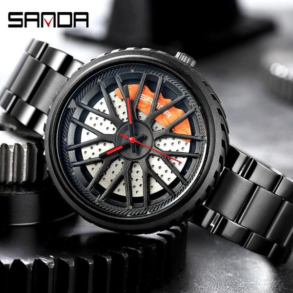 Relojes de pulsera, relojes de esfera de rueda de coche a la moda, reloj de cuarzo resistente al agua de acero inoxidable para hombre, reloj de carreras modelo 3D para hombre