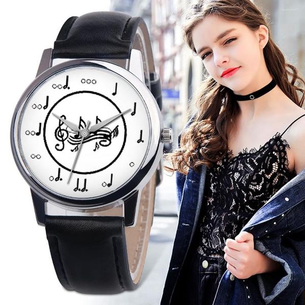 Mujeres de pulsera Fashion Music Music nota anal￳gica Dial redondeo Faux Leather Banda de cuero unisex Reloj Watch Watchings Winter Wallwatch