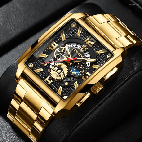 Wallwatches Fashion Fashion Casual Watch Men Rectangular Dial Deporto de oro 30m Dicativo automático de cuarzo Relogio Relogio Masculino