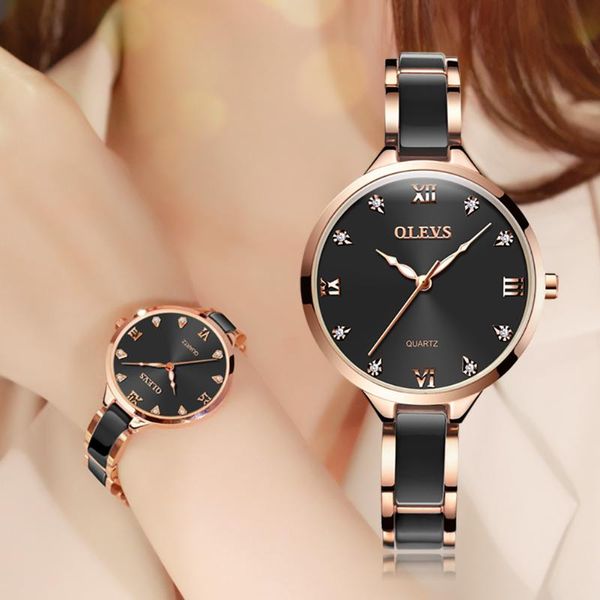 Relojes de pulsera, relojes de cerámica a la moda, reloj de pulsera resistente al agua para mujer, reloj de cuarzo con diamantes de imitación encantadores para mujer, relojes de pulsera