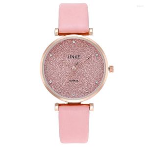 Polshorloges Fashion Diamond Heart Women's Watch Middle School Student Leather Trap Quartz Round Dials Dress Clock Relogio Feminino