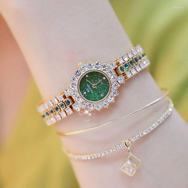 Relojes de pulsera de moda con diamantes para mujer, pulsera elegante resistente al agua de lujo, reloj para mujer, reloj dorado verde de acero inoxidable para mujer