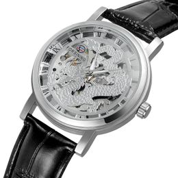 Horloges Mode Forsining Topmerk Heren Zwarte Kast Transparant Hol Draakpatroon Persoonlijkheid Leer Handmatig Mechanisch Polshorloge