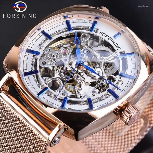 Montre-bracelets Fashion ForsiNing Top Brand Mesh Luxruy Golden Steel Men Automatic Mécanical Square Diad Casual Hollow Out Busines Wrist Watch