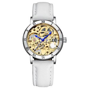 Muñecos de pulsera Fashion Gold Women's Mechanical Watch Bisel Skeleton Hollow Automático Self-Wind Damas Vestido de cuero Watcheswri