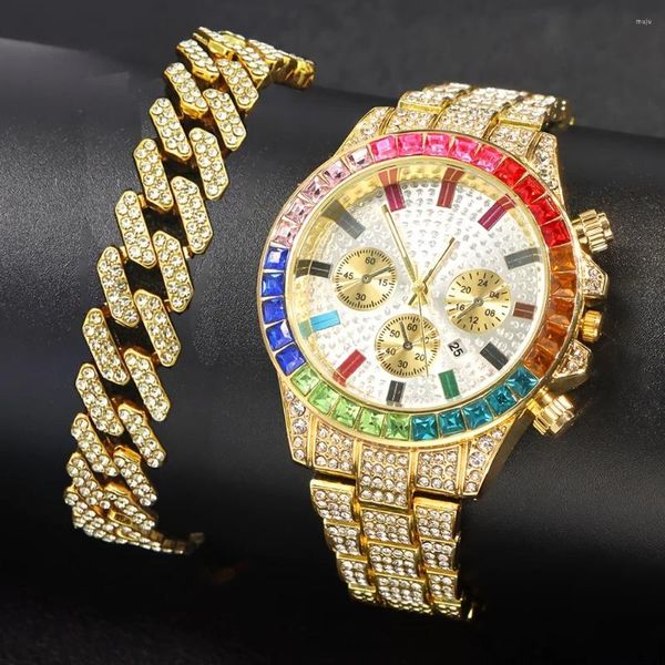 Montres-bracelets Mode Hiphop Montre Pour Hommes De Luxe Coloré Cristal Incrusté Sangle Quartz Montre-Bracelet Hommes Cubain Main Chaîne Ensemble