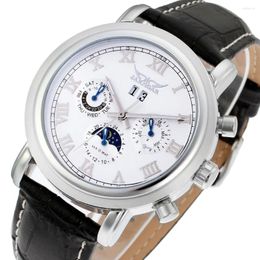 Horloges Mode Jaragar 348 Topmerk Zes-naalds diamanten eenvoudige plaat met kalender Automatisch mechanisch vrijetijdshorloge van echt leer